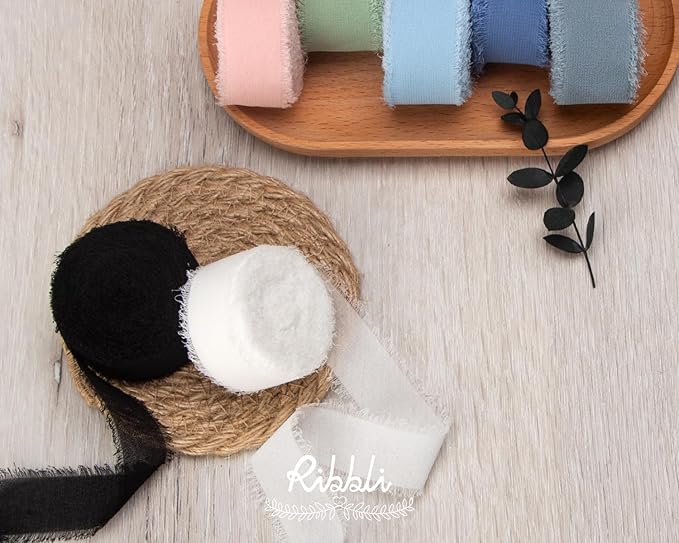 Ribbli White Ribbon 1 Inch x 3 Rolls Total 24 Yards Handmade Fringe Chiffon Silk Ribbon for Wrapping Wedding Invitations Bridal Bouquets DIY Crafts Home Decor