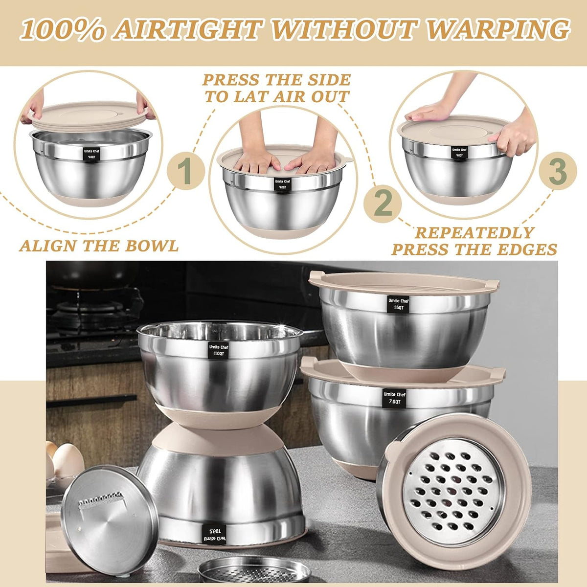 Mixing Bowls with Airtight Lids Set, 26PCS Stainless Steel Khaki Bowls with G...