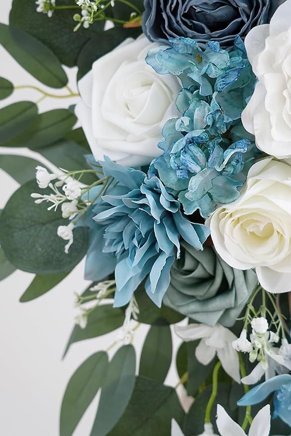 Light Blue Artificial Wedding Arch Flowers Kit (Pack of 3) with 26Ft White Shiny Arch Draping Fabric for DIY Wedding Party Ceremony Reception Backdrop Floral Decoration