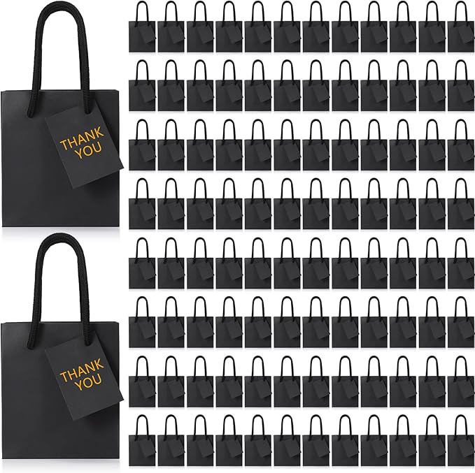 Sherr 100 Pack Mini Gift Bags Bulk, 4 x 2.75 x 4.5 Inches Paper Bags with Tags, Extra Small Paper Gift Boxes with Handles for Birthday, Party Favors, Weddings, Small Business(Black)