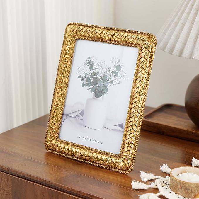 Cuspin 5x7 Gold Picture Frame, Ornate Decorative Rattan Resin Photo Frame, Gold Frames Braided Design for Tabletop Display or Wall Hanging, Elegant Home Decor