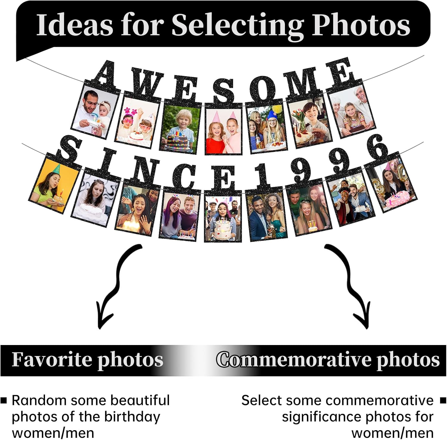 Pre-strung Awesome Since 1996 Photo Banner Birthday Decorations for Her Him- Black Glitter 30th Birthday and Anniversary Decorations Party Supplies for Women Men