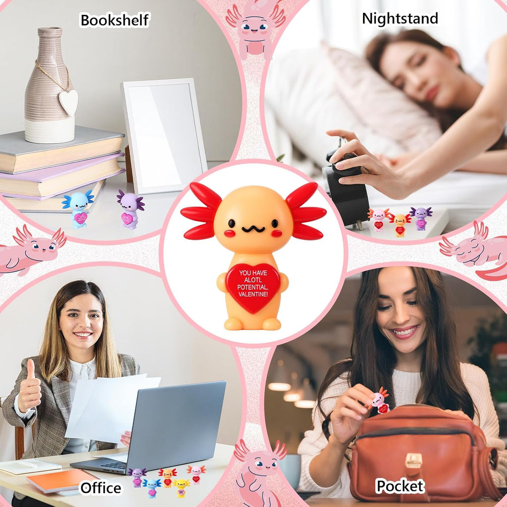Gejoy 25 Sets Valentines Axolotl Figurines Gifts Positive Mini Axolotl with Positive Card Gift Bags for Valentine's Day Birthday Party Coworkers Employees
