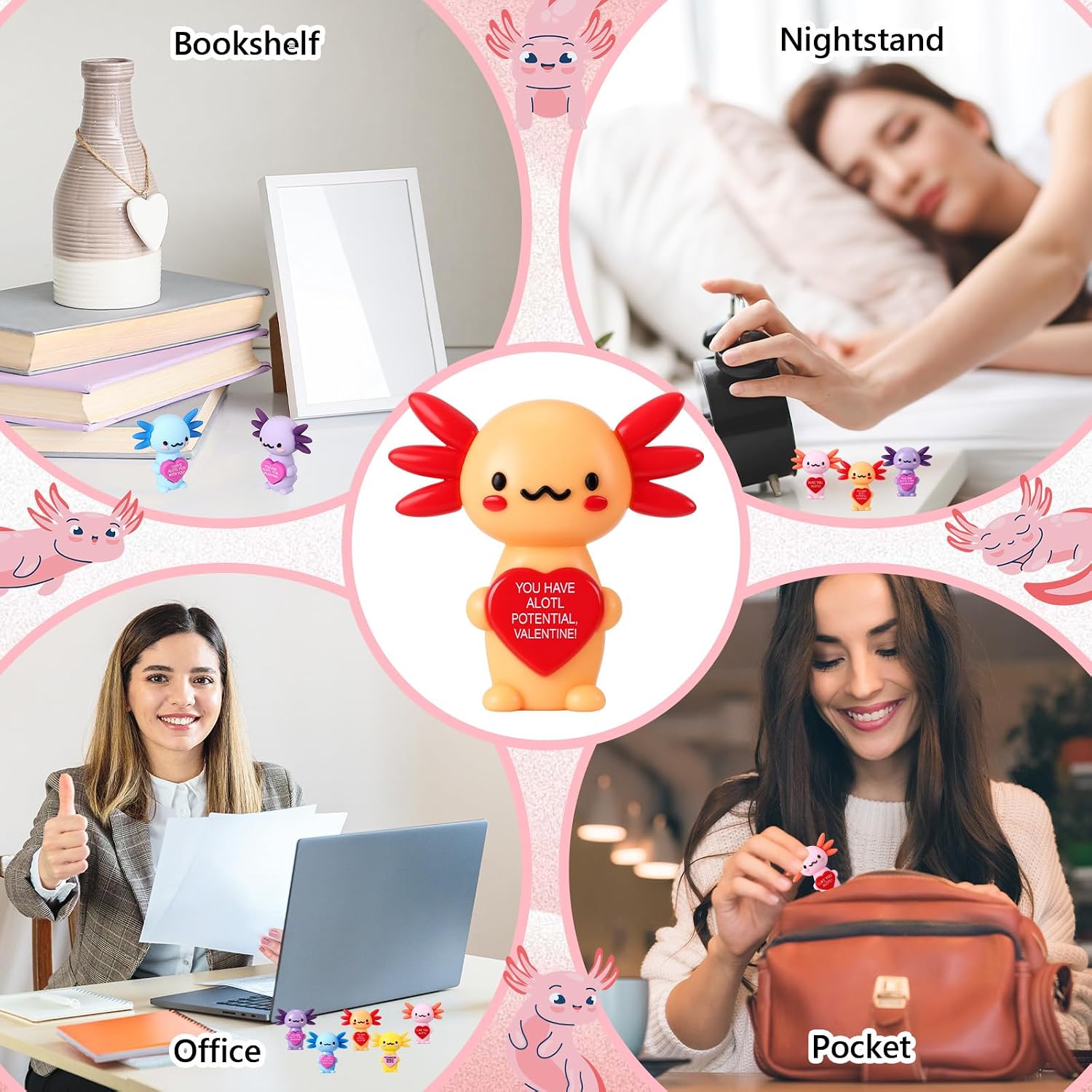 Gejoy 25 Sets Valentines Axolotl Figurines Gifts Positive Mini Axolotl with Positive Card Gift Bags for Valentine's Day Birthday Party Coworkers Employees