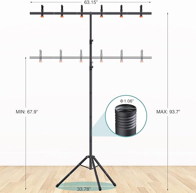 T-Shape Backdrop Stand 8x5.3FT, Height and Width Adjustable Background Stand for Parties,Green Screen Holder with 6 Spring Clamps