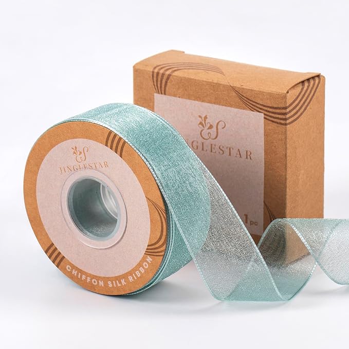1 Inch Wide Sheer Chiffon Ribbon - Pearl Silk Woven Ribbon Suitable for Gift Wrapping, Wedding Decor, Home Decor, Girl Hair Accessories Handmade DIY (25 Yards/roll) (Light Dark Green)