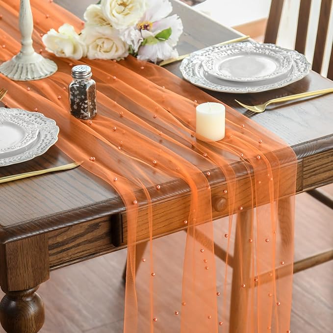 Artoid Mode Pearl Orange Gauze Table Runner 120 Inch 10FT, Seasonal Sheer Dining Holiday Wedding Birthday Baby Shower Table Decor for Home Party