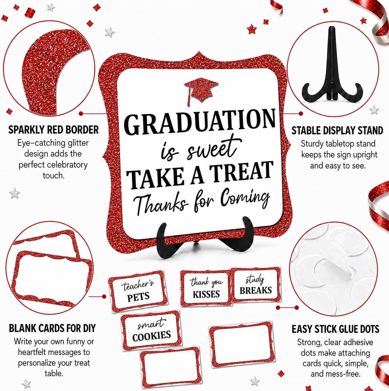20PCS Graduation Candy Bar Sign, 1 Red Glitter Candy Buffet Table Sign with Stand, Catering Supplies Display for Graduation Decorations Class of 2026 -A04-2