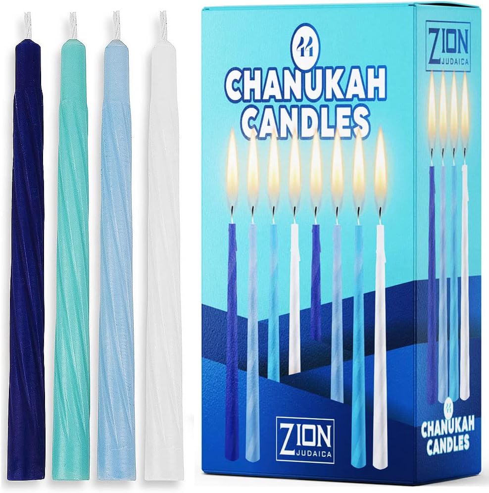 Hanukkah Menorah Candles Box of 44 Multi-Blue with Prayer Card - Spiral Style Quality Wax Chanukah Candles - Fits Most Menorahs – Enough for All 8 Nights - Bulk Hanukkah Candles by Zion Judaica
