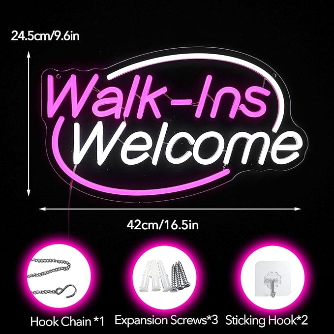 Walk-Ins Welcome Neon Sign, Neon Sign For Wall Decor, Pink + White Led Signs Usb Powered, Living Game Room Decor, For Bedroom Restaurant Bar Hotel Shop Party Birthday(16.5x9.4in)