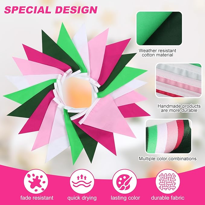 Pink White and Green Pennant Banner Garland Bunting Decorations for Wedding Home Outdoor Garden Hanging Festivals Birthday 33Feet 30 Flags