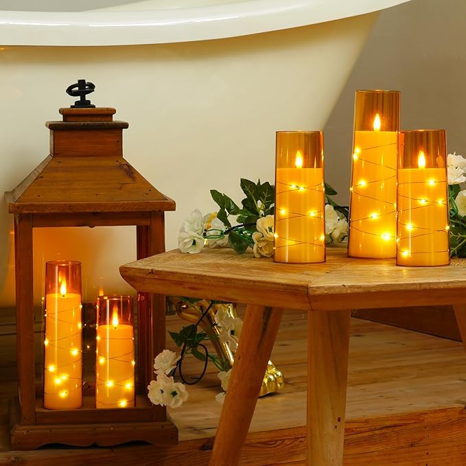 Raycare Flameless Candle with Remote Timer – 5 Flickering Acrylic Battery Operated LED Pillar Candles with Embedded Star String for Halloween, Home Decor, and as a Gift(Glod)