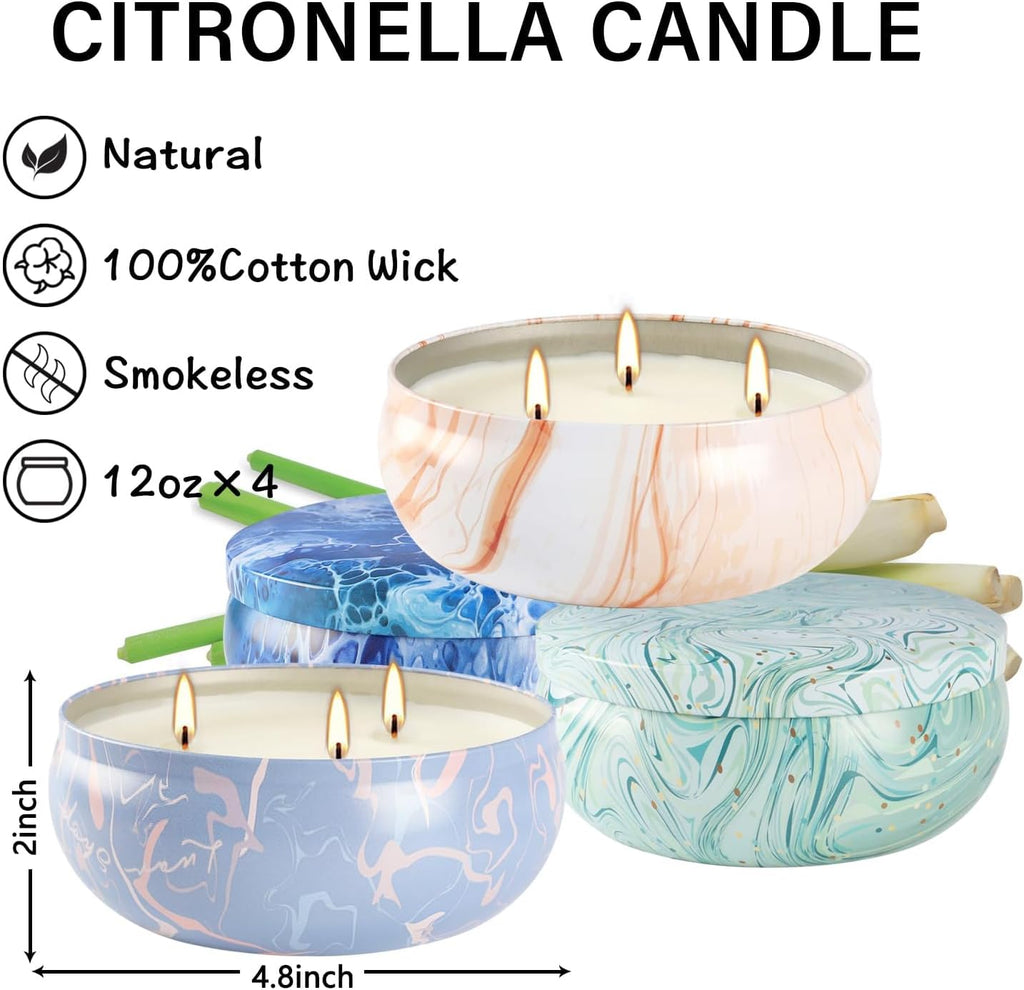 Set of 4 Triple Wick Marble-Style Citronella Scented Candles Natural Soy Wax Summer Outdoor Candles for Outside Indoor Patio Home Garden Yard Balcony Camping Porch BBQ.