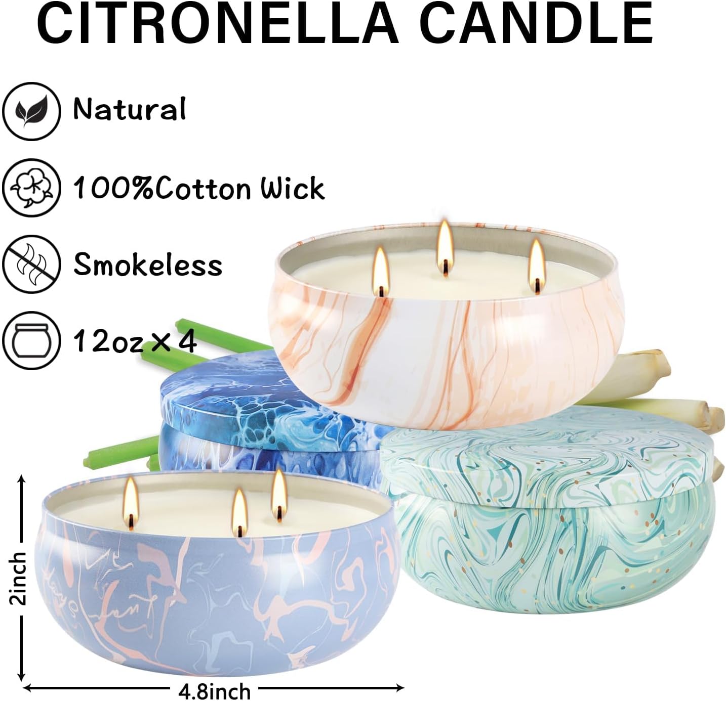 Set of 4 Triple Wick Marble-Style Citronella Scented Candles Natural Soy Wax Summer Outdoor Candles for Outside Indoor Patio Home Garden Yard Balcony Camping Porch BBQ.