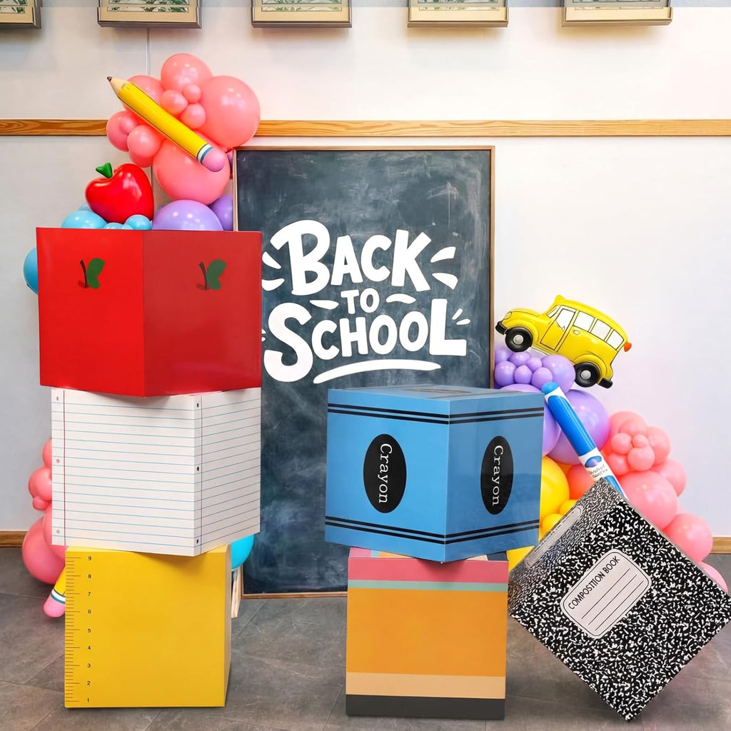 Kolldenn 6 Pcs Back to School Balloon Box Decorations, First Day of School Decoration Include Composition Notebook Pencil Crayon Theme for Preschool Kindergarten Classroom Party Photo Booth Props