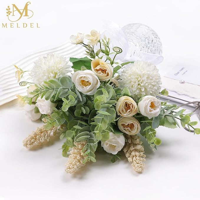 Meldel 3Pcs Rose Bouquet White&Champagne Artificial Flowers Eucalyptus Plants Silk Flower Arrangements Wedding Bouquets Decorations Plastic Floral Centerpieces for Home Kitchen Garden Party Decor