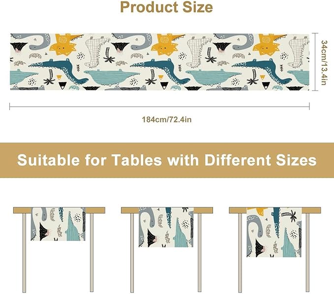 Cartoon Dinosaur Table Runner,Kids Boys Cute Various Dino Moutain Modern Abstract Print Tablecloth Burlap for Hotel Indoors Outdoor Dining Room Kitchen Holiday Party, 13x60in