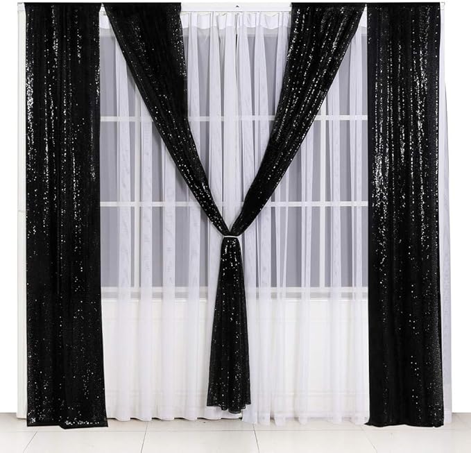 SquarePie Sequin Backdrop Curtain Non-Transparent Background Sparkly for Halloween Party 2FT x 8FT Black 2pcs