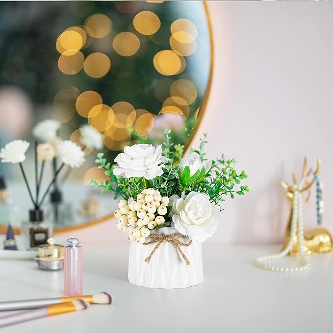 BLOSMON Table Decor Artificial Flowers Vase 7 Inch Small Fake Flower White Arrangement 2pcs Floral Arrangement for Tables Centerpieces Kitchen Dining Room Decorations Faux Flower in Vase Silk Roses