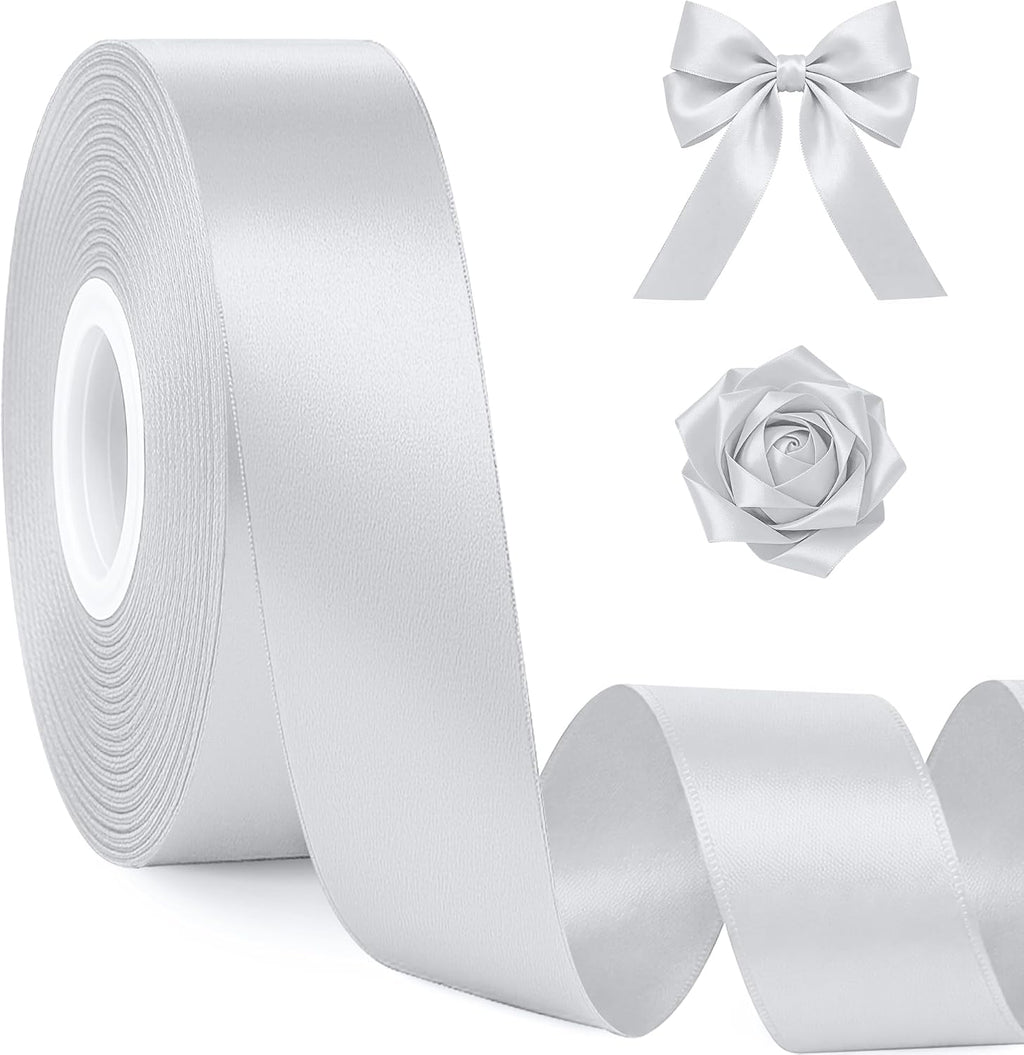 1In 30Yards Silver Satin Ribbon for Flower Bouquet Christmas Wedding Party | Metallic Glossy, Wear Resistant, Easy Cut, Soft Thick Polyester, Double Stitched Edges, for Bouquets, Lei Making and Crafts