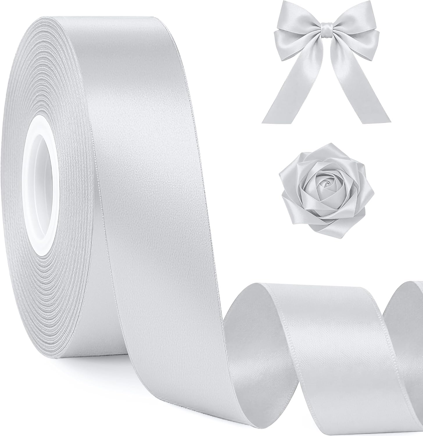1In 30Yards Silver Satin Ribbon for Flower Bouquet Christmas Wedding Party | Metallic Glossy, Wear Resistant, Easy Cut, Soft Thick Polyester, Double Stitched Edges, for Bouquets, Lei Making and Crafts