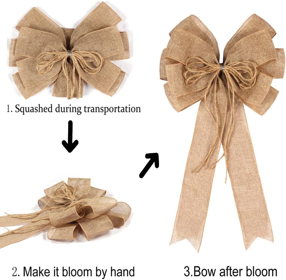 2 Pack Large Burlap Jute Hemp Rope Bows for Wreaths,Rustic Farmhouse Crafts Bow Wrapping Tree Topper Wedding Holiday Birthday Party Wall Home Boho Front Door Decorations
