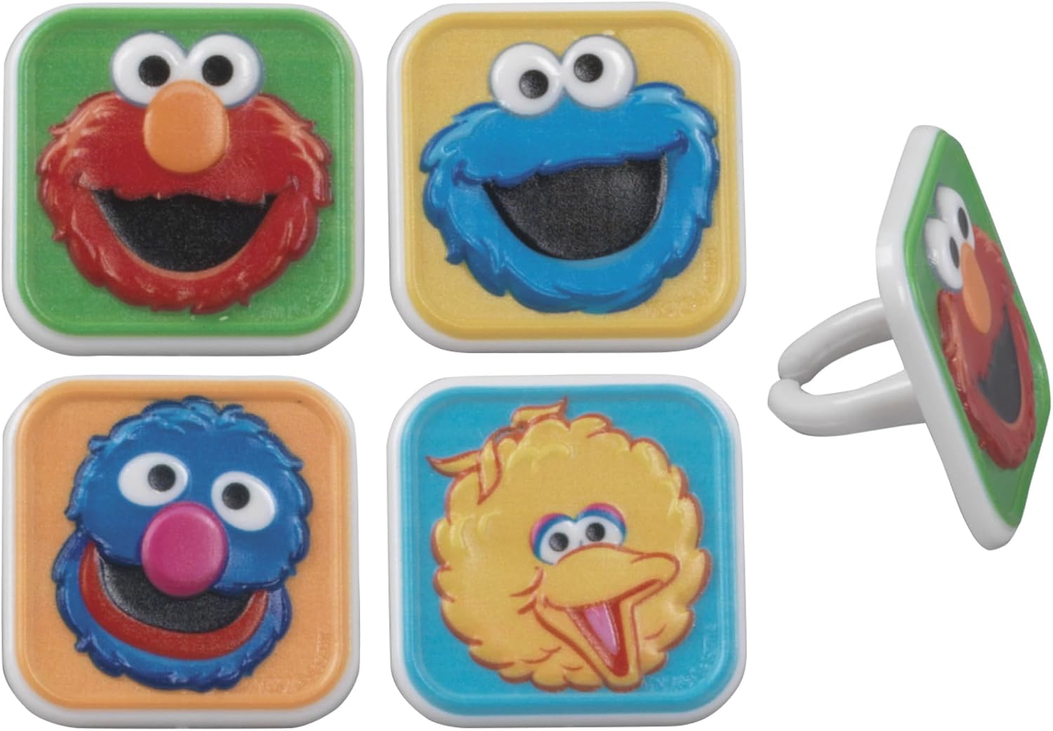 Sesame Street Rings, 24 Cupcake Toppers Featuring Elmo, Big Bird, Cookie Monster, Grover, Bright Colorful Cupcake Decorations, Food Safe - 24 Pack