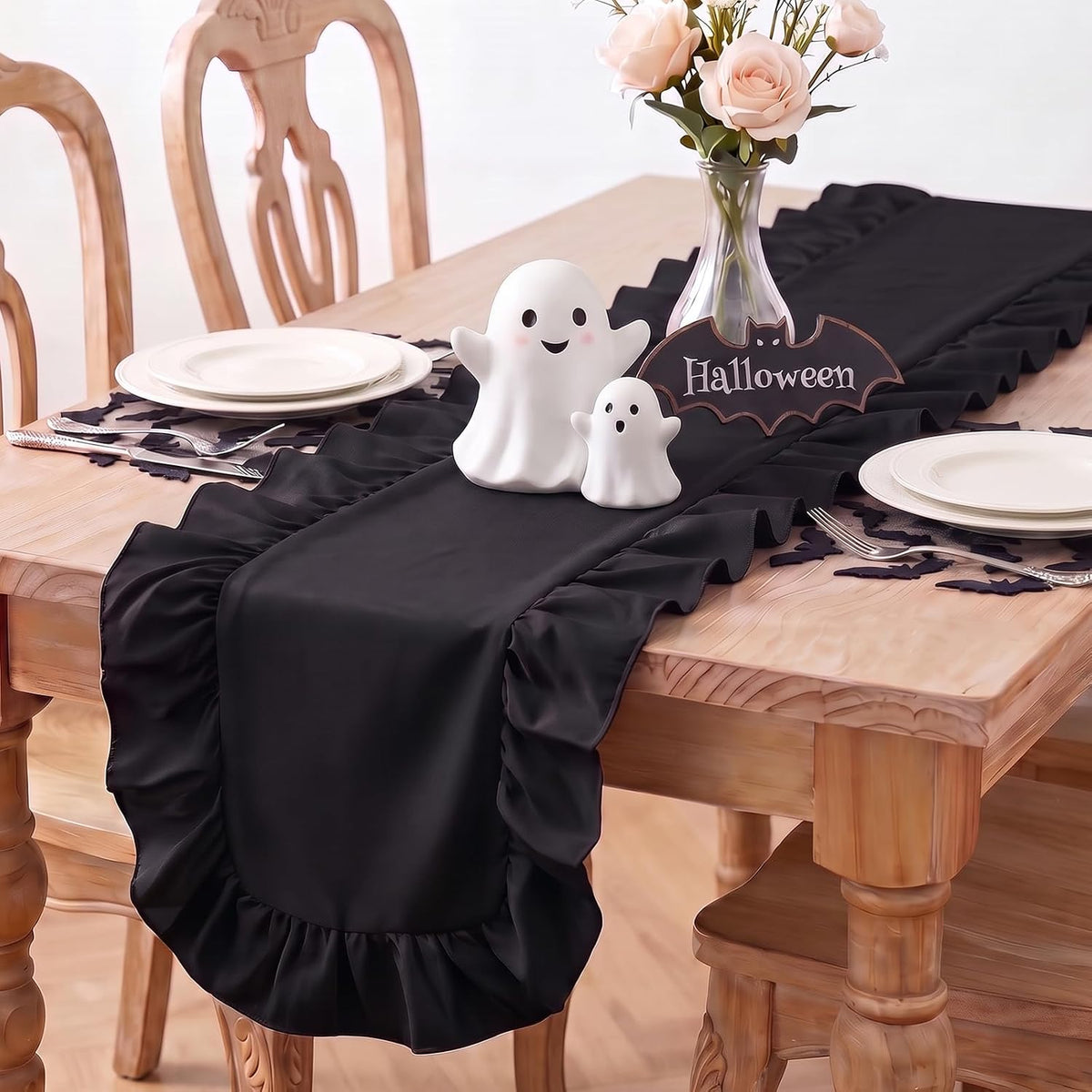 Black Ruffled Table Runner 118 inch Scalloped Table Runners,3pcs