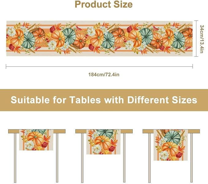 Autumn Table Runner,Orange Pumpkin Flowers Leaves Fall Table Runners Seasonal Kitchen Dining Table Decor for Thanksgiving Harvest Home Holiday Party 13x108 Inch