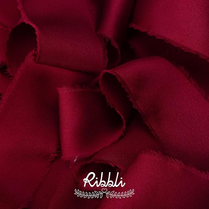 Ribbli Burgundy Silk Satin Ribbon 1.5 Inch x 12 Yard Handmade Frayed Chiffon with Wooden Spool Burgundy Red for Gift Wrapping Wedding Invitations Bridal Bouquets Home Decor