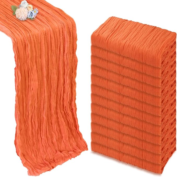 12 Pack Fall Thanksgiving Table Runner Orange 10ft Boho Gauze Fabric Cheesecloth Table Runner 35 x 120 Inch Rustic Sheer Runner for Wedding Home Décor Halloween Party Table Centerpiece Decorations