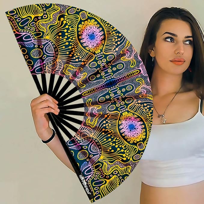 UV Glow Rave Fan, Bamboo Folding Clack Hand Fans Foldable for Men Women, Boots on the Ground Poping Fan for EDM Festival Line Dance Decoration, (Space Psychedelic, Large 13")