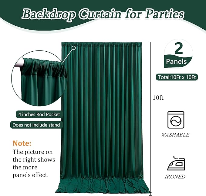 10 x 10 Feet Dark Green Backdrop Curtain for Partie, Background Curtains for Photoshoot, Birthday, Wedding, Halloween, Thanksgiving, Christmas Day, New Year Party Decorations 5Ft x 10Ft, 2 Panels