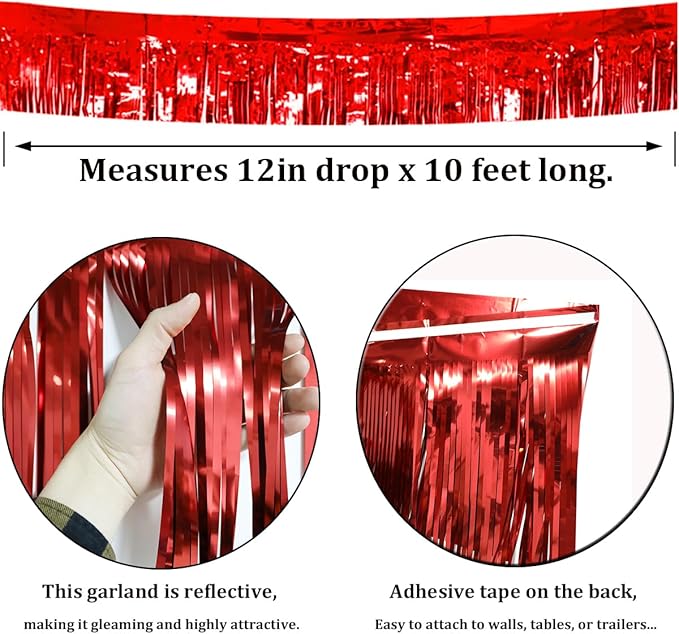 6 Pack Red Total 60 Feet Foil Fringe Garland Metallic Tinsel Banner Wall Hanging Drapes Parade Float Skirting Decorations for Trailer Mardi Gras Party Birthday Wedding (Red)