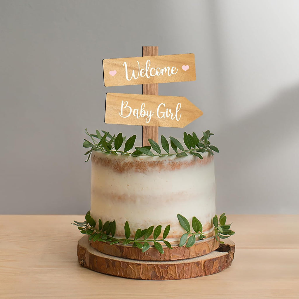 Rustic Welcome Baby Girl Cake Topper in Wood Baby Shower Gender Reveal Party Cake Decoration