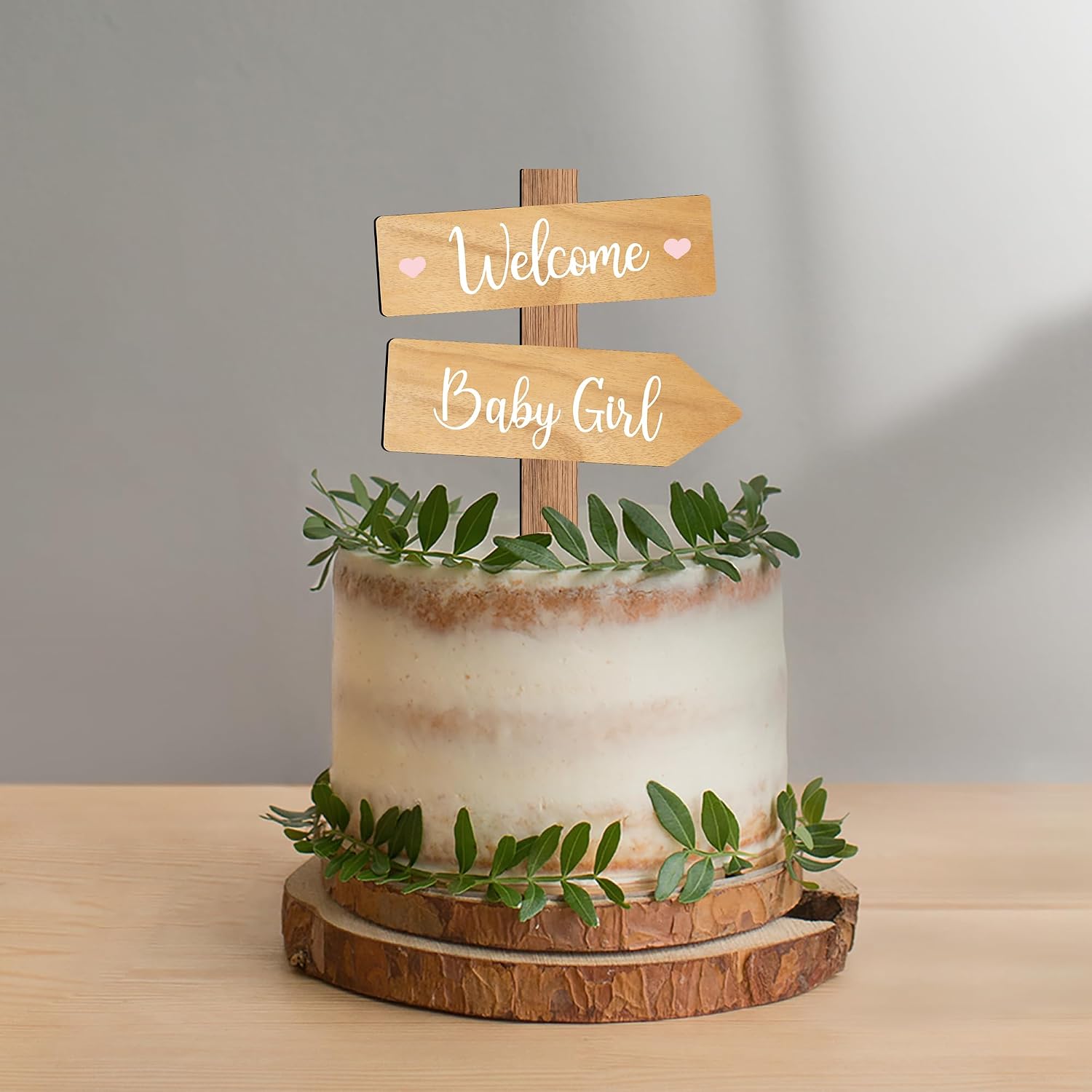 Rustic Welcome Baby Girl Cake Topper in Wood Baby Shower Gender Reveal Party Cake Decoration