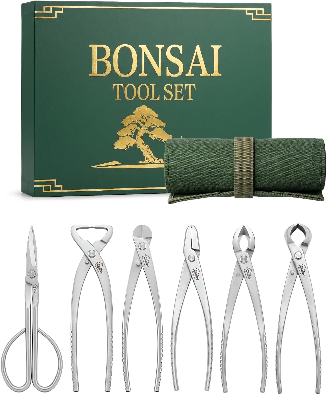 6-Piece Bonsai Tools Set with Tool Roll Bag and Luxury Gift Box