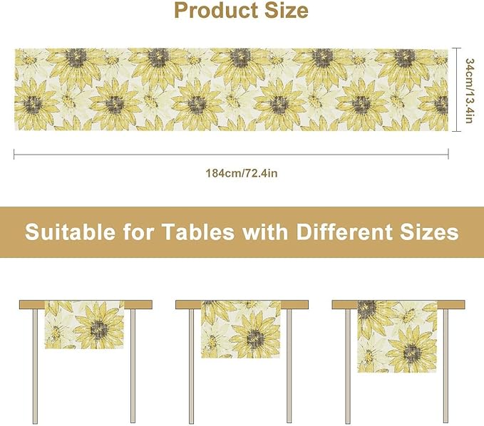 Chrysanthemum Vintage Floral Table Runner, Elegant Grunge Gray Sunflower Spring Summer Elegant Pattern Artichokes Flower Table Runner for Party Kitchen Dining Living Room Decor, 13x90 Inch