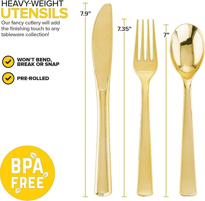 50Guests Pre Rolled Gold Plastic Silverware Sets - Heavy Duty Gold Cutlery - Include 50 Pack Wrapped Disposable Utensils with Napkins for Parties, Dinners & Weddings