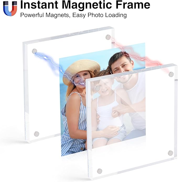 HOUSE DAY Acrylic Picture Frames 4x4, 3 Pack Magnetic 4 x 4 Picture Frame, Double Sided Clear 4x 4 Photo Frame with Microfiber Cloth, Frameless FreeStanding 4x4 Frame Gift for Desktop Display