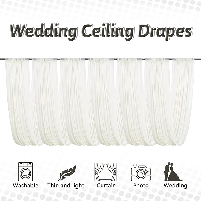 DUOBAO Ivory Ceiling Drapes Sheer Backdrop Curtains 6 Panels 5ftx20ft Reception Halls Drapeing Banquet Room Curtain with Rod Pocket for Wedding Birthday Stage Decoration
