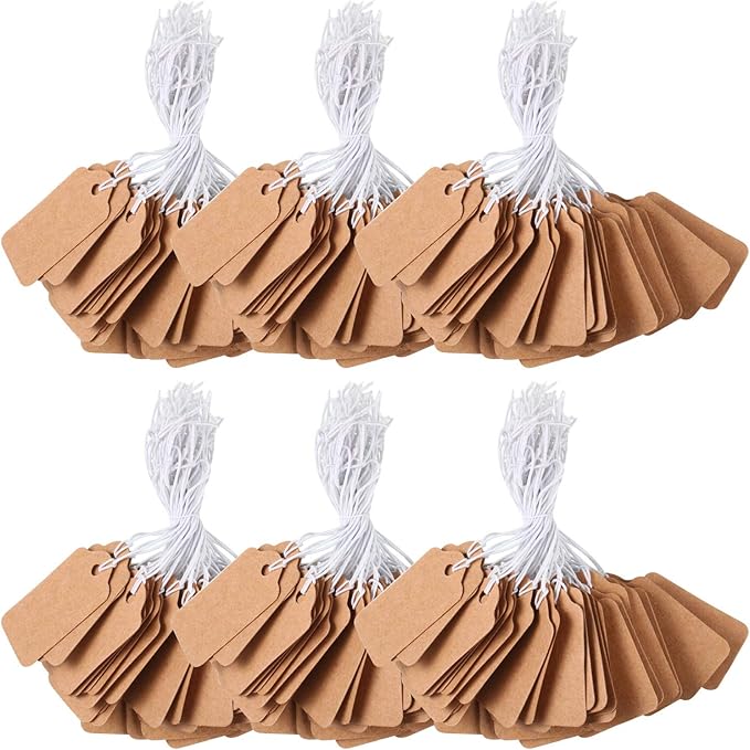 300 Pieces Kraft Price Tags with Elastic Hanging String Writable Blank Price Labels Small Marking Display Tags(1.38 x 0.71 Inch)