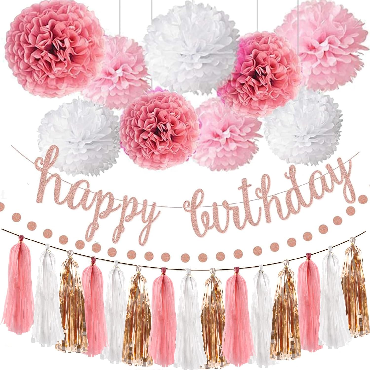 OuMuaMua Pink Rose Gold Birthday Party Decorations Set, Rose Gold Glittery Happy Birthday banner, Tissue Paper Pom, Circle Dots Garland and Tassel Garland for BDAY Party Decorations