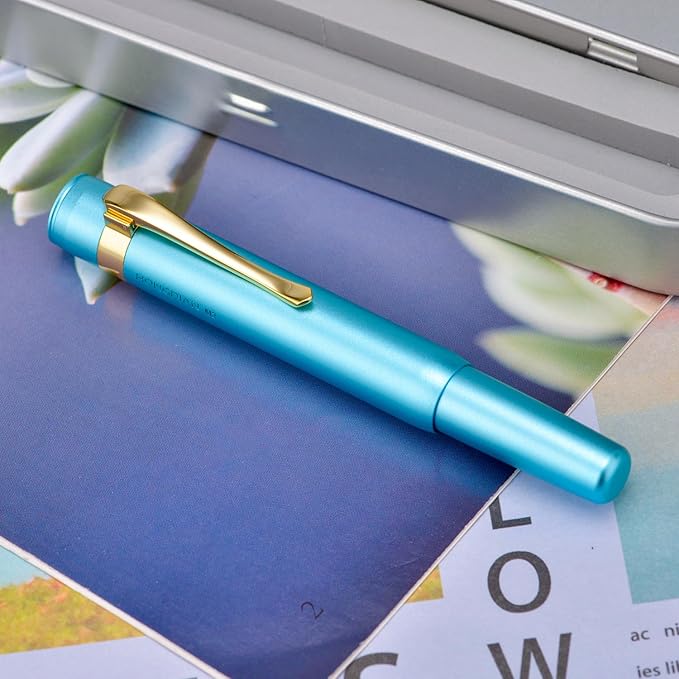 HONG DIAN M2 Black Forest Mini Fountain Pen, Medium Soft Nib & Sleek Shape Aluminium Short Pocket Travel Pen (Lake Blue)