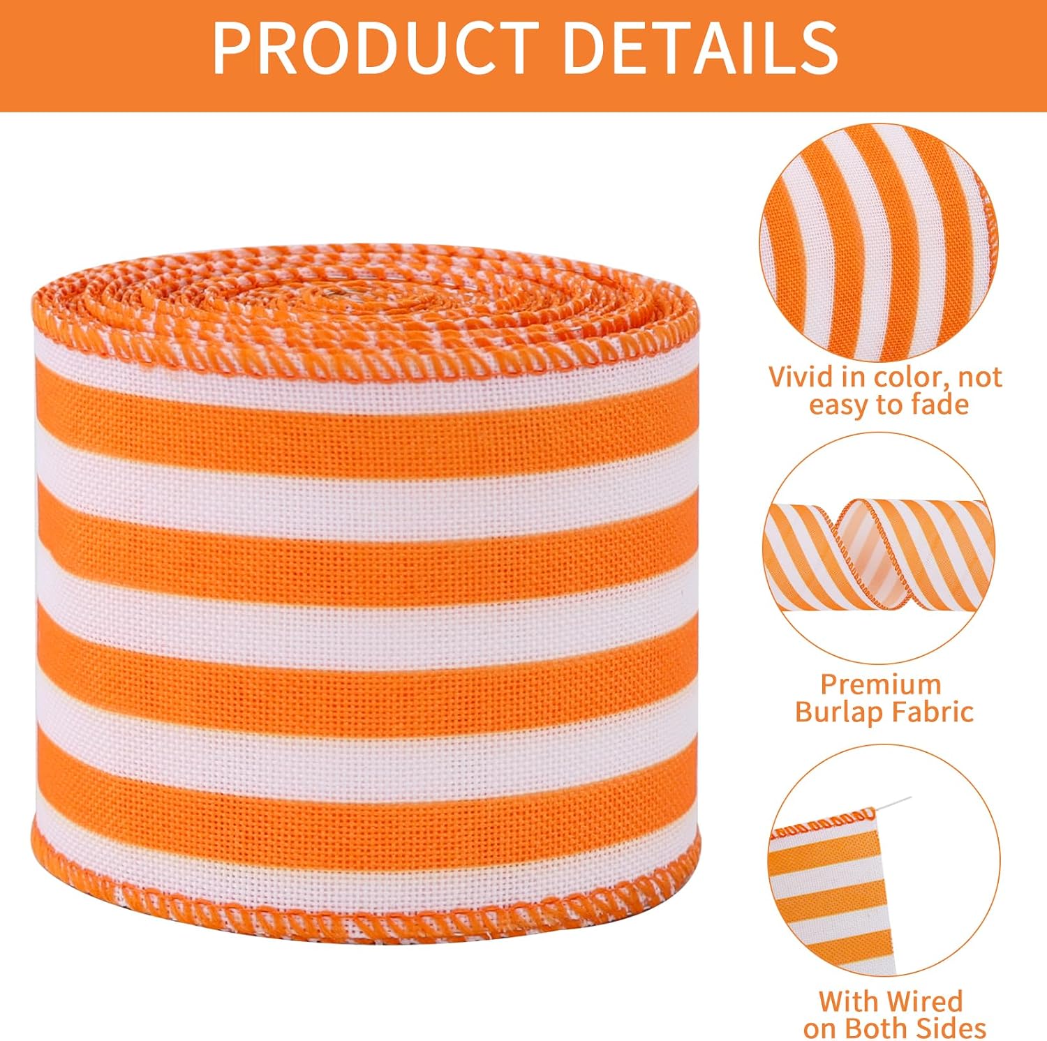 TONIFUL 2.5 Inch Orange Stripe Burlap Wired Ribbon, Summer Spring Easter Ribbon for Gift Wrapping, Wreath Bows Making, Crafts, Baby Shower, Home Decoration, Easter Decor (Orange, 6yds)