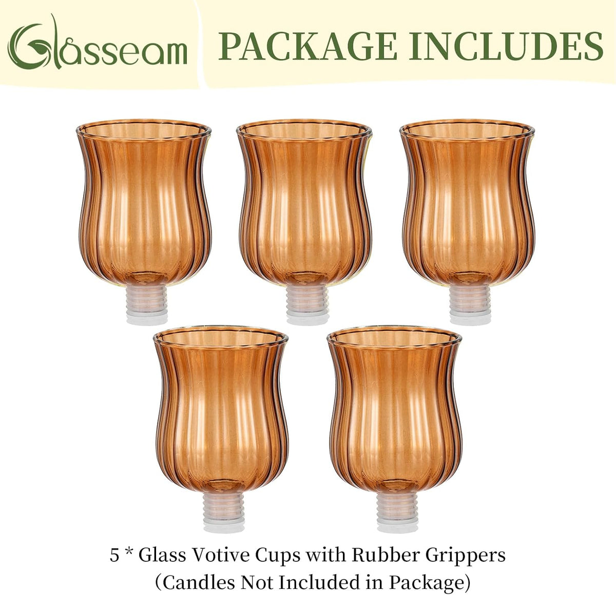Glasseam Amber Tea Candle Holders 5Pcs Glass Votive Cup with Peg for Taper