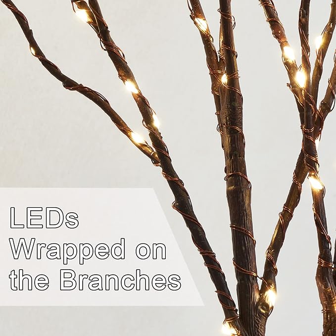 Fudios Lighted Brown Branches with Timer 32 in 100 LED for Vases Battery Operated, Artificial Willow Branch Twigs with Warm White Lights for Christmas Holiday Party Decor