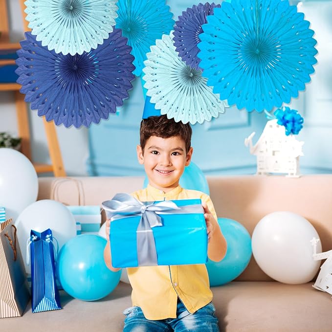 18 Pcs Blue Kit Hanging Honeycomb Paper Fans, Round Paper Fan Decorations for Weddings, Birthdays, Bachelorette, Photo Booth Backdrops, Baby Shower, Anniversary Events Party Supplies