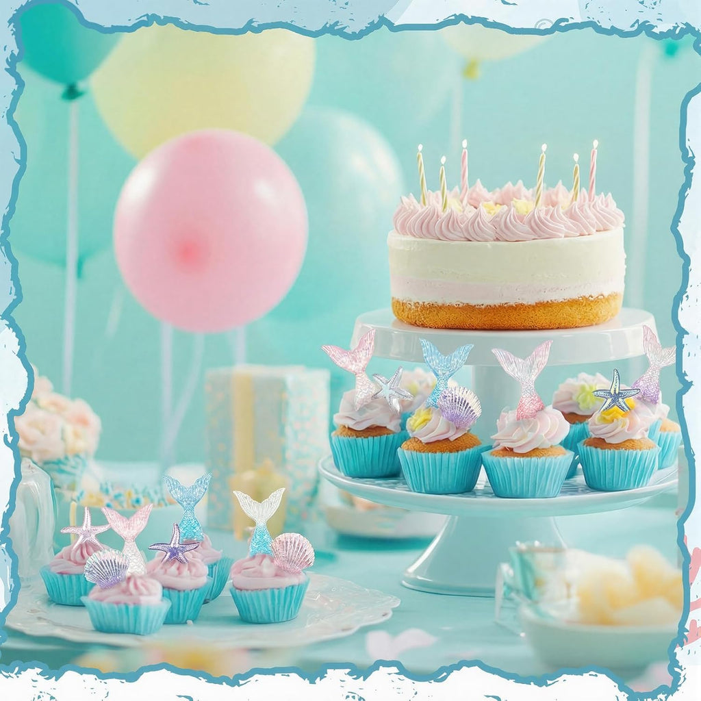 Kenning 48 Pcs Resin Mermaid Theme Cupcake Ring Toppers Seashell Mermaid Tail Starfish Cupcake Topper for Ocean Theme Birthday Party Cake Decorations Baby Shower Weeding Anniversary Sea Party Supplies
