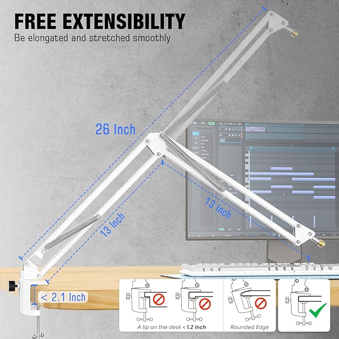 FIFINE Microphone Boom Arm, Suspension Mic Arm Stand with Mount Clamp, Metal Scissor Mic Stand with 3/8" to 5/8" Adapter for Home Studio Recording Podcast Gaming-CS1 White